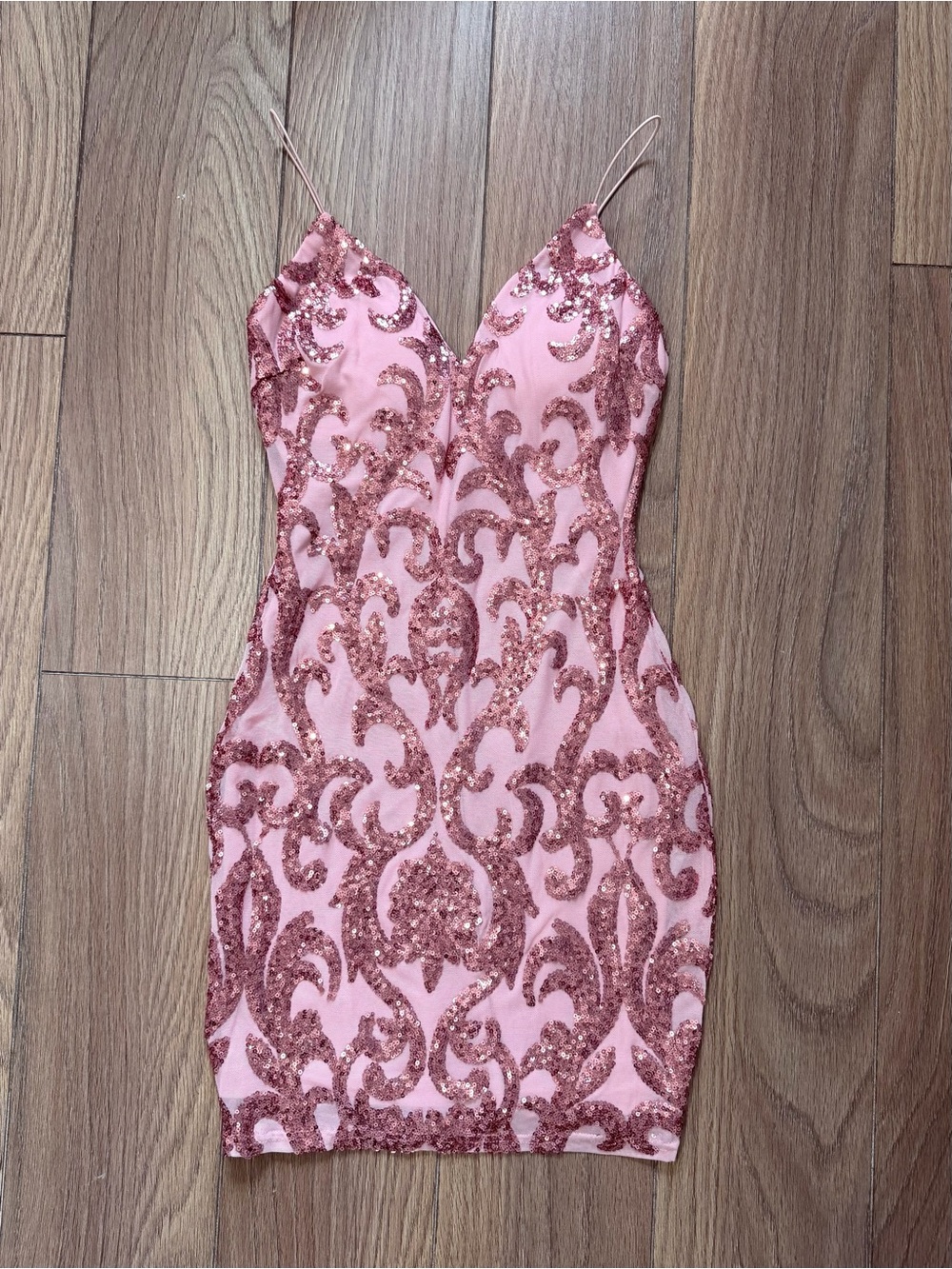 Pink Rose Gold Sequin Bodycon Spaghetti Straps Mini Dress Size S NWT